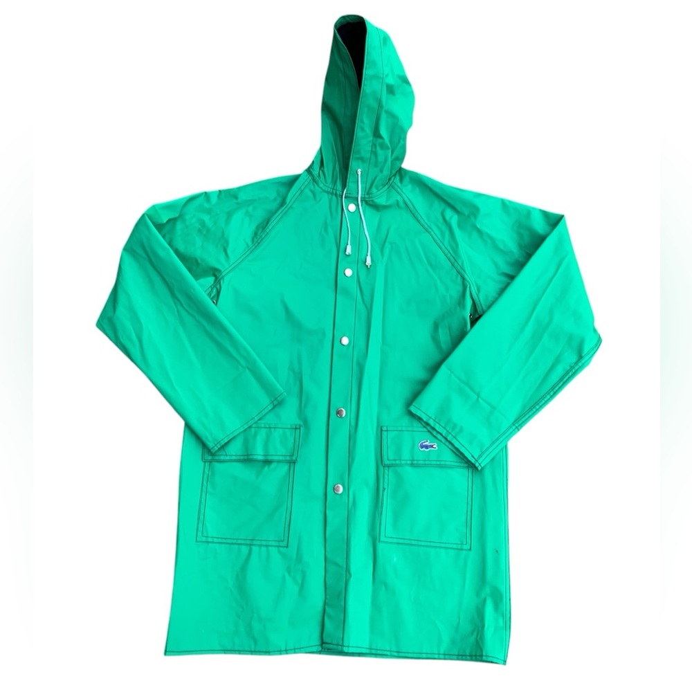 Vintage 70s 80s Lacoste Green Blue Hooded Rain Coat Size Medium